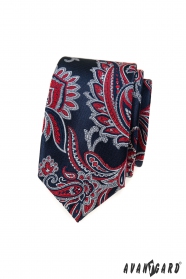 Modrá kravata slim s červeným Paisley vzorom