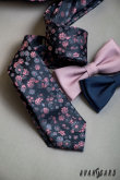 Modrá slim kravata s ružovým vzorom - šírka 6 cm