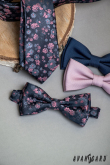 Modrá slim kravata s ružovým vzorom - šírka 6 cm